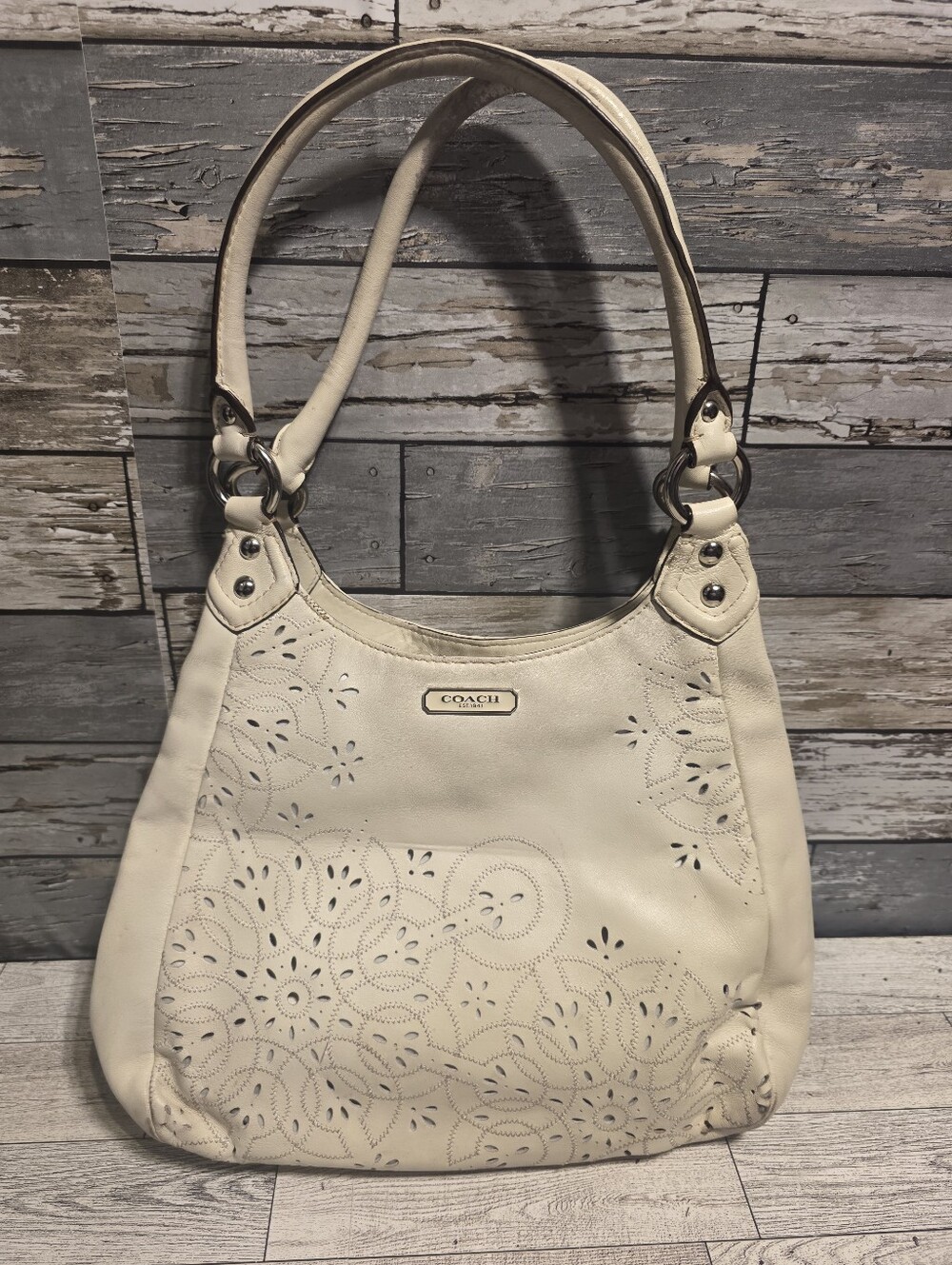 Coach White Laser-Cut Leather Shoulder Bag